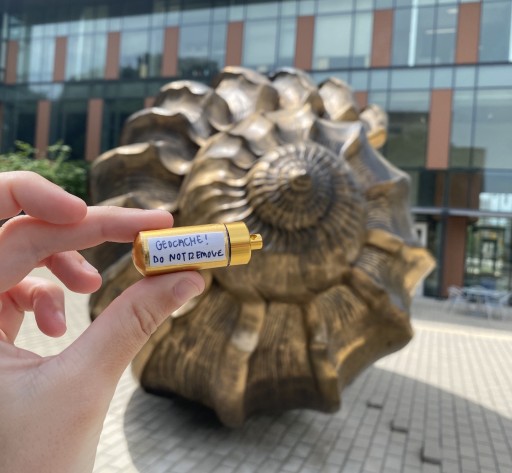 A hand holds up a small gold container that reads "Geocache! Do not remove" which is in front of Marc Quinn's "Spiral of the Galaxy" a large shell 