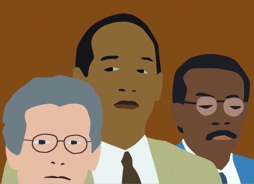 Screenshot of Kota Ezawa's "Simpson Verdict." Three men in a cartoonish "flat-color" style look in different directions.